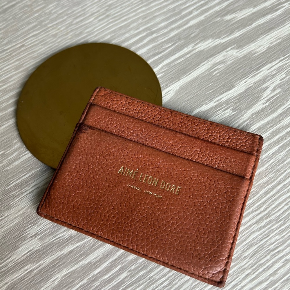 Aime Leon Dore Rust Brown Pebbled Leather Card Sleeve with Gold Logo